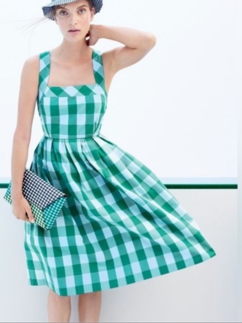 J. Crew Karina Green Gingham Square-Neck Midi Dress